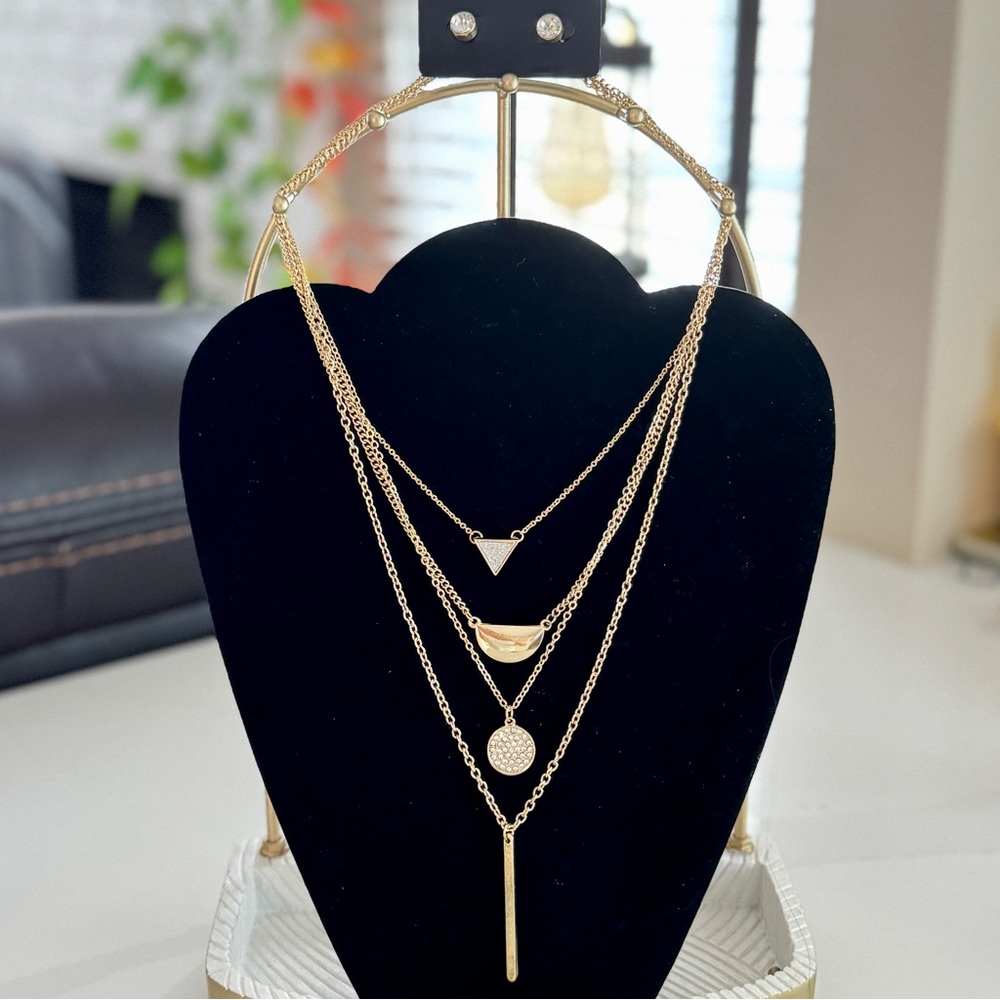 Elegant Gold Tone Earrings & Layered Necklace Set
